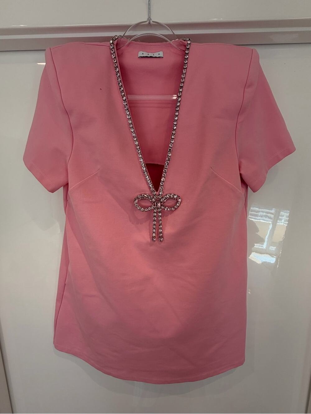 AREA Pink Short-Sleeve V-Neck Top with Crystal Bow Trim
